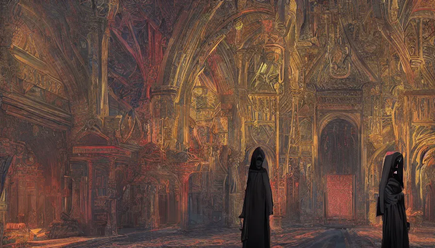 Prompt: An Enigmatic Ritual Performed by hooded figures in a detailed temple, dynamic lights and shadows, concept art, vibrant color palette, Cinematic Lighting, highly detailed, 8k