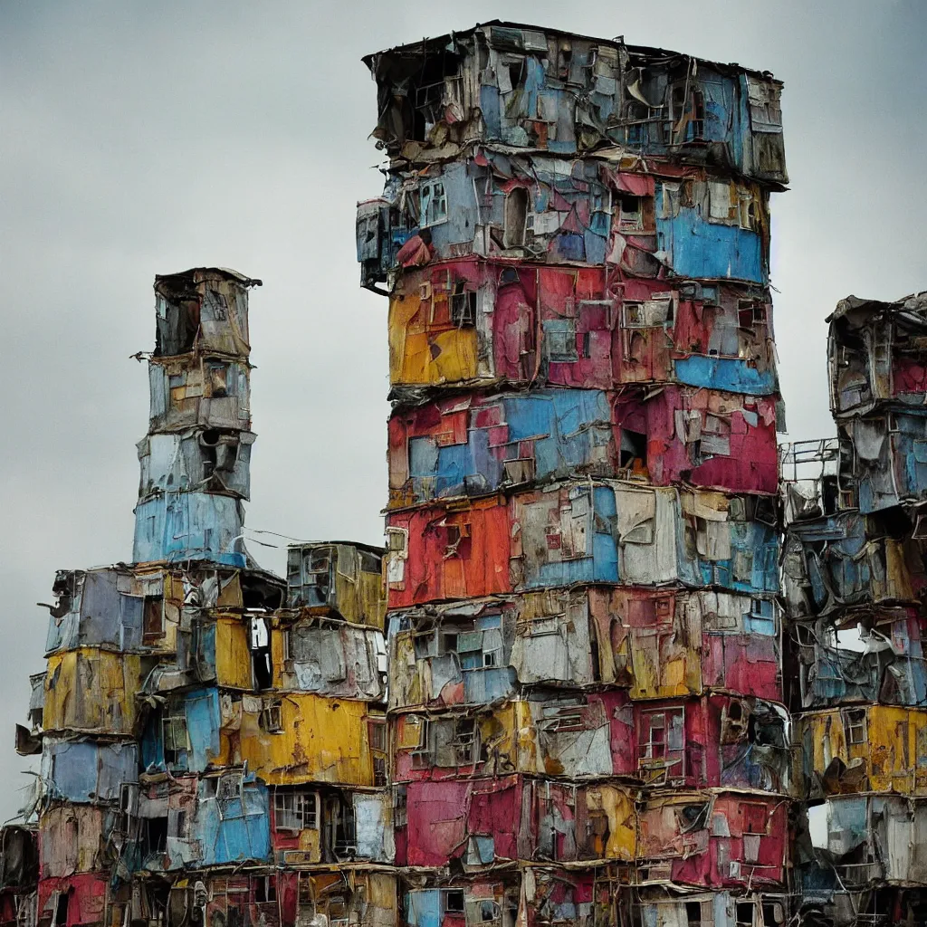 Image similar to close - up view of a tower made up of colourful makeshift squatter shacks, bleached colours, moody cloudy sky, dystopia, mamiya, f 1 1, very detailed, photographed by bruno barbey