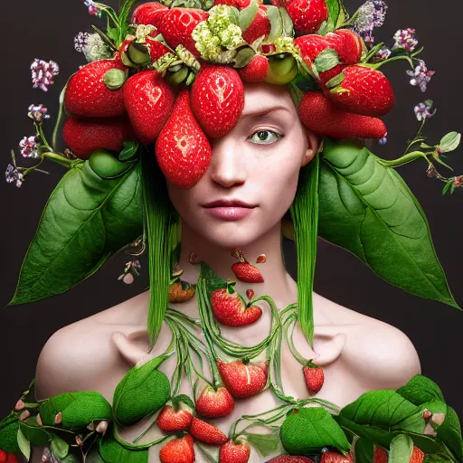 Image similar to the portrait of an absurdly beautiful, graceful, elegant, sophisticated woman made of strawberries and green petals, an ultrafine hyperdetailed illustration by irakli nadar, intricate linework, bright colors, octopath traveler, final fantasy, unreal engine 5 highly rendered, global illumination, radiant light, detailed and intricate environment