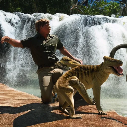 Image similar to steve irwin playing with dingo and crocodile in front of waterfall, epic detailed cinematic award winning profile photography 8 k