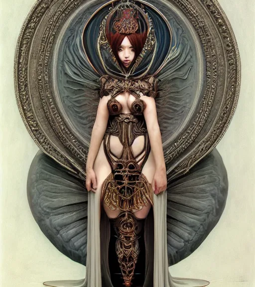 Prompt: symmetrical painting, a beautiful female succuba queen in hollow dress, pretty, gorgeous, attractive, stunning, inspired by queens blade, detailed and intricate, perfect body shape, perfect face, hypermaximalist, elegant, ornate, luxury, elite, matte painting, cinematic lighting, james jean, brian froud, wayne barlowe
