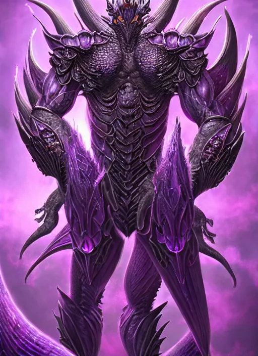 Image similar to muscular and tall purple ghostly fire humanoid dragon!!!! draconian!! intricate ornate iridescent heavy armor!! character concept art, sharp focus, octane render! unreal engine 5! highly rendered!! trending on artstation!! detailed linework!! illustration by artgerm, wlop, and chie yoshii