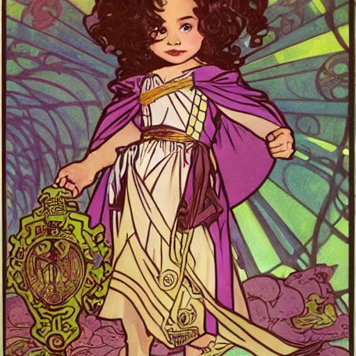 Image similar to a little girl with a mischievous face and short wavy curly brown hair. she is dressed as a knight. well composed, clean elegant painting, beautiful detailed face. comic book art by steve ditko and jack kirby and alphonse mucha