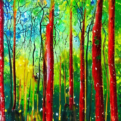 Prompt: paint splatter of a forest with green, blue, red tree trunks. acrylic of canvas, impressionist painting