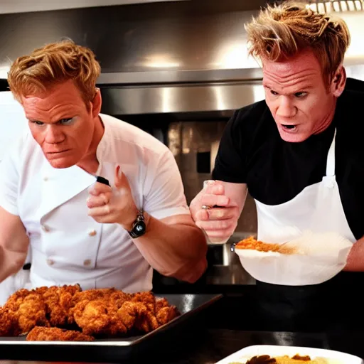 Image similar to dexter morgan and gordon ramsay eating fried chicken