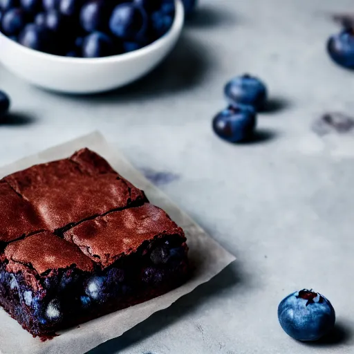 Prompt: chocolate brownie with blueberries, studio photography, 4 k