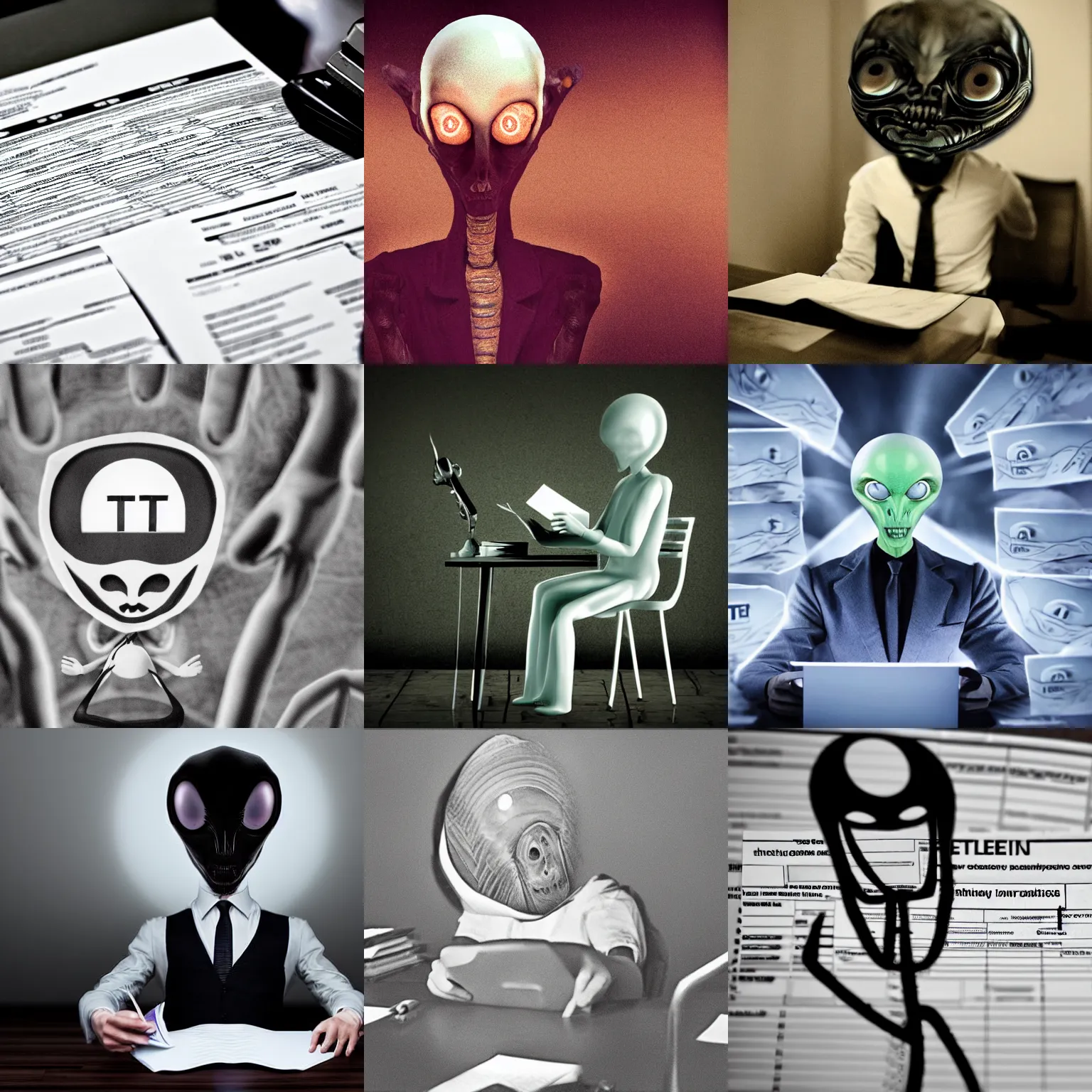 Prompt: eerie weird photograph of an alien filing taxes