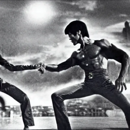 Prompt: insanely strong Bruce Lee fighting against godzilla, movie still, insanely detailed, 4k