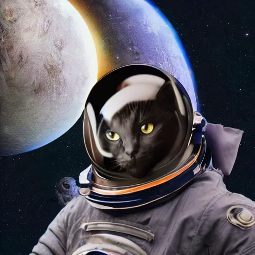 Image similar to black cat in a space suit in style of retro-futurism, 4k, hyper realistic,