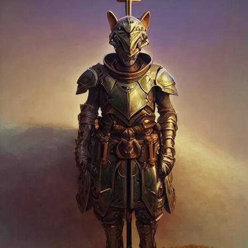 Image similar to paladin armor with cross, anthropomorphic shiba inu, shiba inu face, stuning 3 d render, masterpiece, glowing aura, by donato giancola and greg rutkowski and wayne barlow and zdzisław beksinski, realistic face