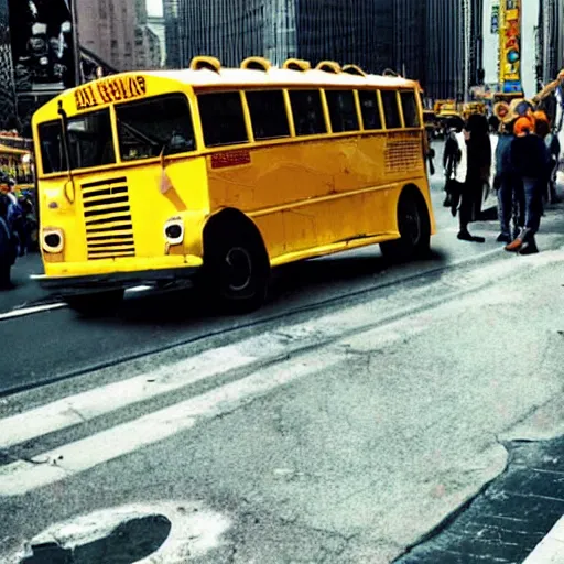 Prompt: yellow school bus eaten swallowed by giant snake, anaconda, huge snake, big snake, time square, cinematic, dramatic, film still