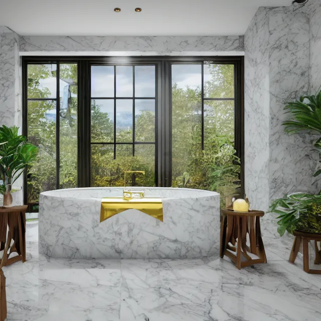 Image similar to marble bathroom interior, bathtub with golden faucet, wood cabinets, marble floor, large window in back with vermont fall foliage river view, large potted plant, realistic, unreal engine render, octane render, hyper realistic, photo, 8 k