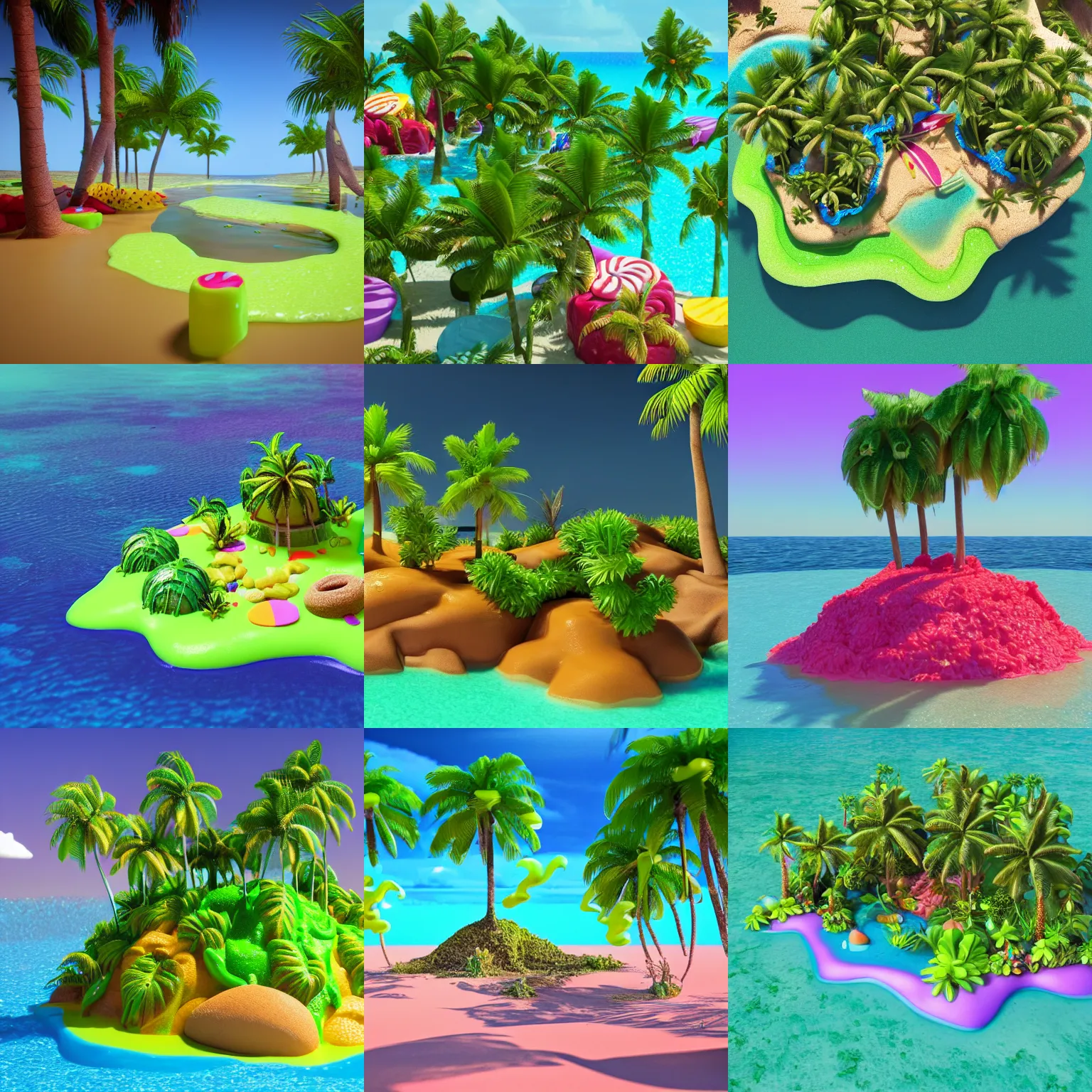 Prompt: a tropical island, made of candy, covered in green goo, 3 d, octane render, medium details, palm trees, sand, cyan water