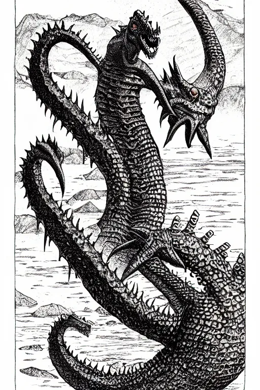 Prompt: ogopogo monster as a d & d monster illustration, full body, pen - and - ink illustration, etching, by russ nicholson, david a trampier, larry elmore, 1 9 8 1, hq scan, intricate details, inside stylized border