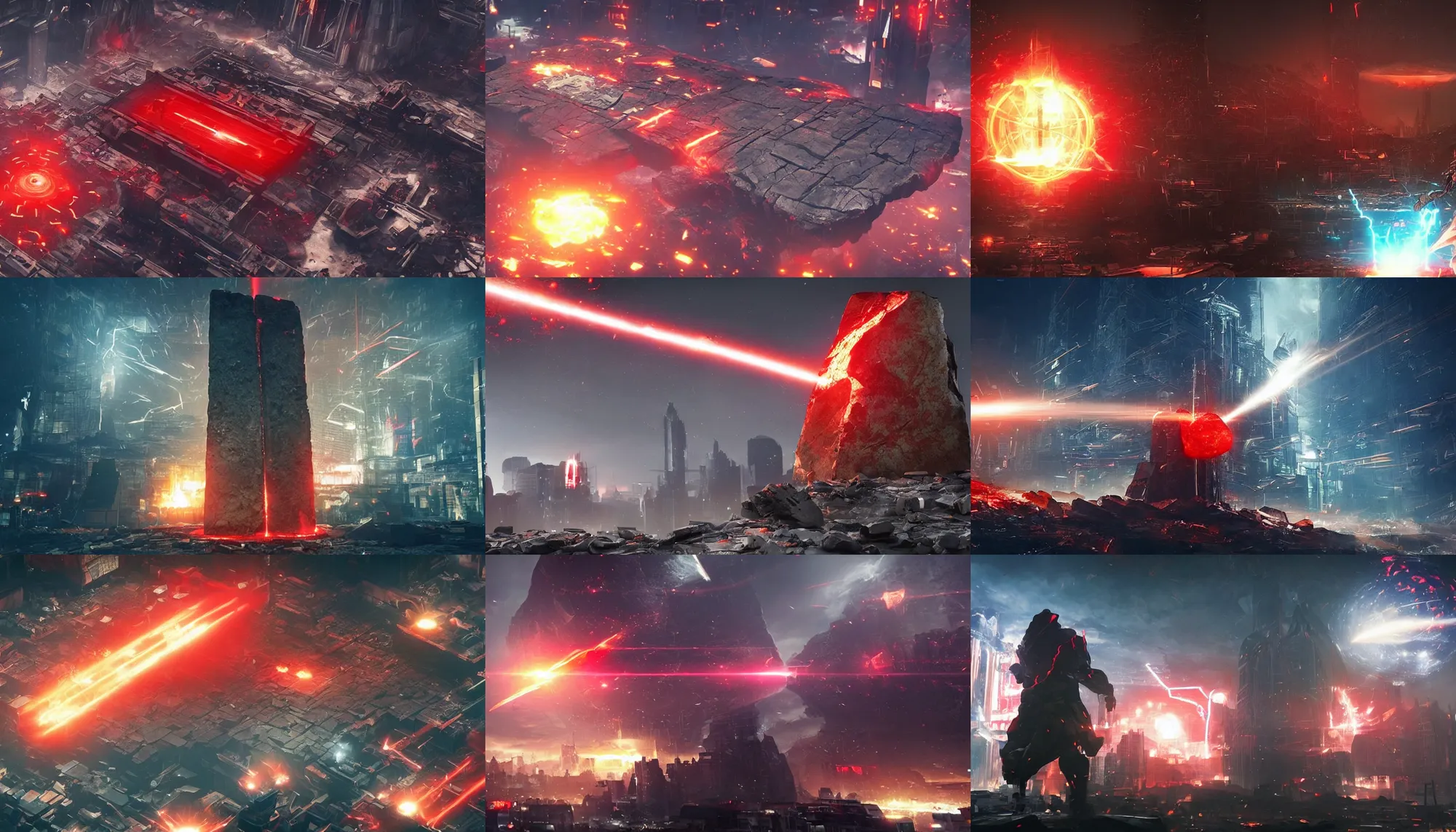 Prompt: a huge towering and broken stone tablet with red light + alien pattern, stands in the center of a prosperous city at the end of the world, and the power and energy is explode, secret, mysterious, doomsday, landscape, video game control, quantum break, arknights,