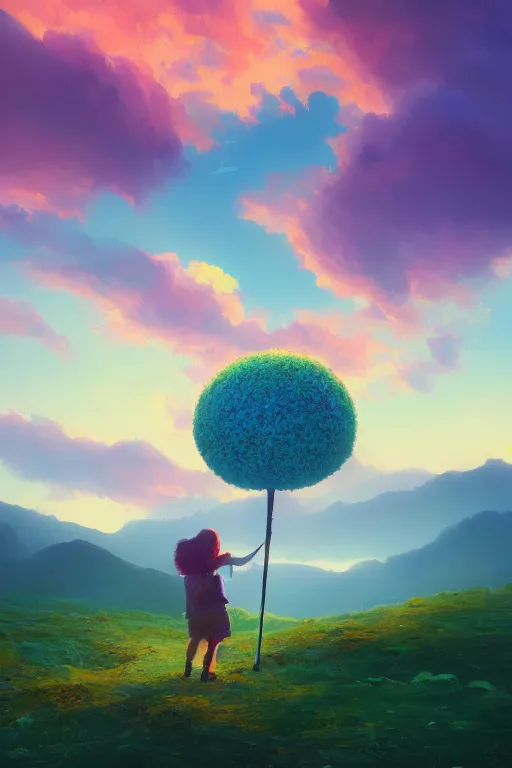 Image similar to giant daisy flower head, girl hiking in the mountains, surreal photography, sunrise, dramatic light, impressionist painting, colorful clouds, digital painting, artstation, simon stalenhag