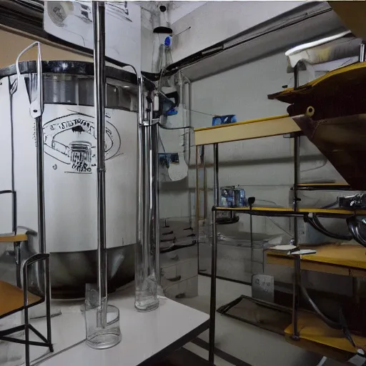 Prompt: secret shady laboratory, awful experiments, test tubes ¨, specimens in water tanks