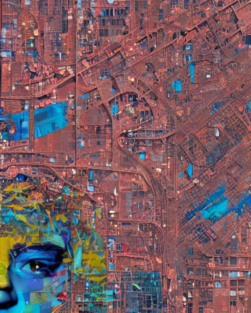 Prompt: a beautiful graffiti of a satellite view of an industrial city mixed with portrait photography by tristan eaton, glitches