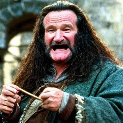 Prompt: Robin Williams playing Hagrid in Harry Potter, screenshot