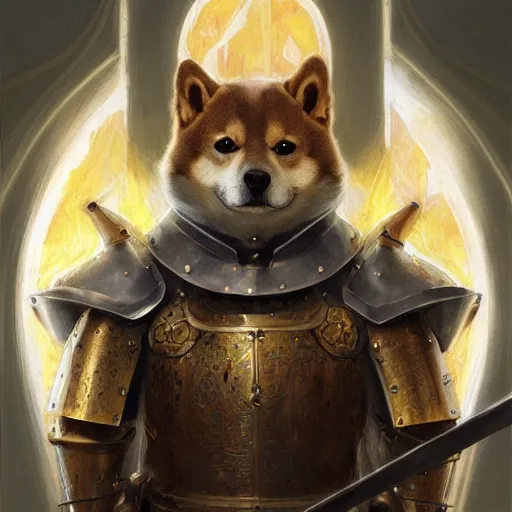 Prompt: anthropomorphic shiba inu, medieval holy paladin knight armor, fantasy, holy light, portrait art by donato giancola and greg rutkowski, realistic face, visible holy aura, digital art, trending on artstation, symmetry