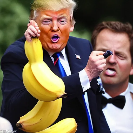 Prompt: the paparazzi catching donald trump eating a banana, shocked look on his face