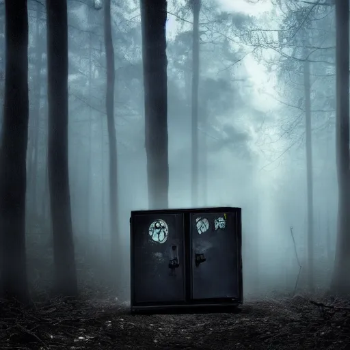 Image similar to a fridge in the middle of a dark and scary forest, sinister, mysterious, stranger things style photo, hdr, trend on artstation