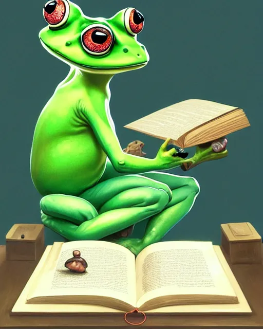 Prompt: anthropomorphic art of an elegant green frog, dressed as dendy, at the mushroom table, reading a book, by artgerm, victo ngai, ryohei hase, artstation, highly detailed digital painting, smooth, global illumination, fantasy art by greg rutkowsky, karl spitzweg, leyendecker