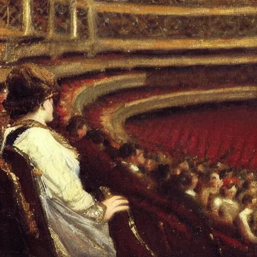 Image similar to a young man watching an actress on stage in an old theater, by alfred stevens