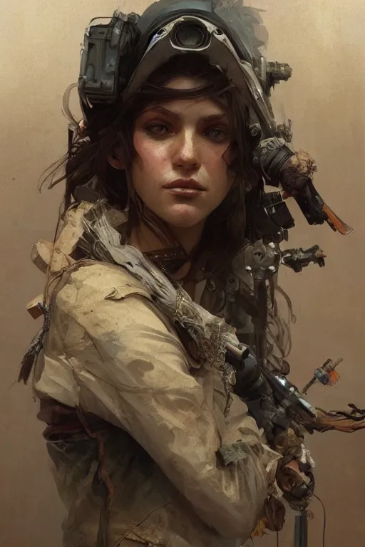 Image similar to A full portrait of a beautiful post apocalyptic American explorer, intricate, elegant, highly detailed, digital painting, artstation, concept art, smooth, sharp focus, illustration, art by Krenz Cushart and Artem Demura and alphonse mucha