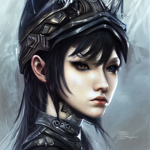 Image similar to portrait of a female dark elf witch by ayami kojima, she is about 2 0 years old, american, black hair, introvert, she is wearing a modern tactical gear, scifi, highly detailed portrait, digital painting, artstation, concept art, smooth, sharp foccus ilustration, artstation hq