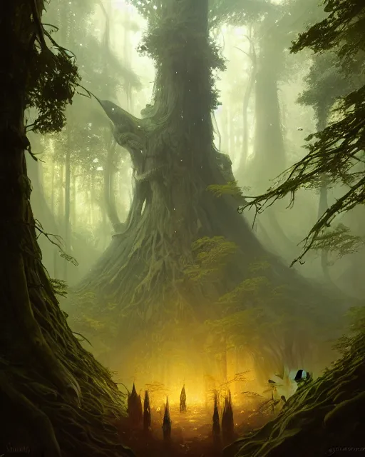 Prompt: forest of enormous trees surrounding a magical pod, deep focus, d & d, fantasy, intricate, elegant, highly detailed, digital painting, artstation, concept art, matte, sharp focus, illustration, hearthstone, art by greg rutkowski and alphonse mucha and andreas rocha