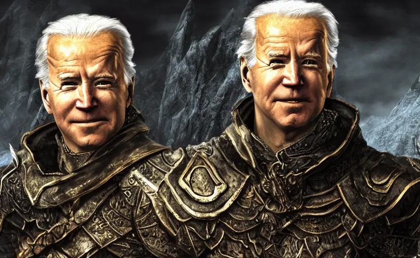 Prompt: joe biden as the dragonbord in skyrim, digital art