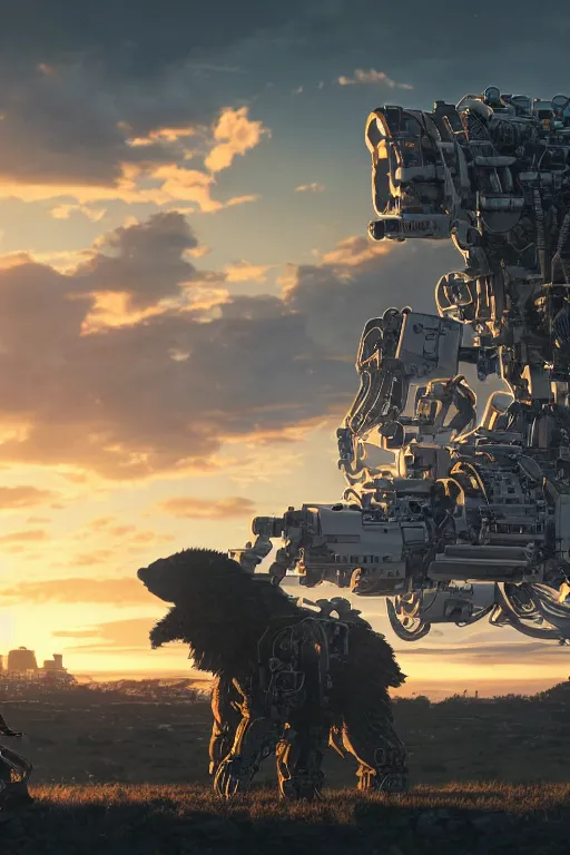 Prompt: A real photo of a Mechanical Bear and the sunset in the distance, by Josan Gonzalez, Yoji Shinkawa and Geof Darrow, highly detailed, Unreal Engine Render, 3D, 8k wallpaper