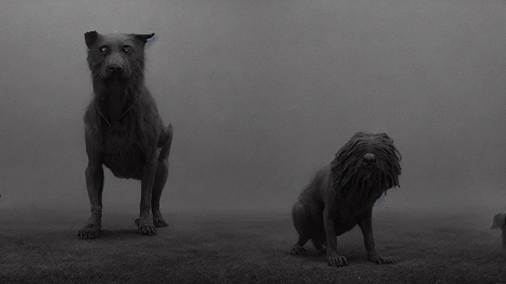 Image similar to the strange dog who sneers, film still from the movie directed by denis villeneuve and david cronenberg with art direction by salvador dali and zdzisław beksinski, wide lens