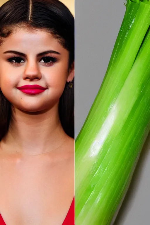 Image similar to selena gomez made out of celery, a human face with celery for hair, celery in the shape of a human face, a bunch of celery sitting on a cutting board, professional food photography, selena gomez wearing green face paint