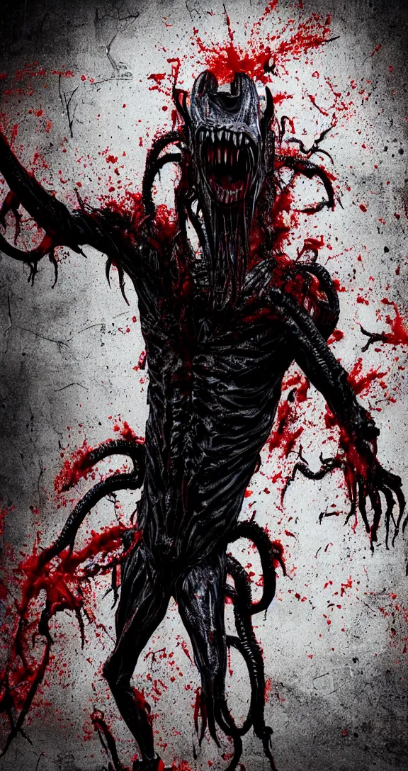 Image similar to very terrifying cenobite xenomorph demon splattered with blood, full body portrait showing entire scary monster, barbed wire, neo-expressionistic, maximalist, horror monster masterpiece, trending on DeviantArt, 4K resolution, dark cinematic, hyperrealism, octane render, volumetric lighting, ultra-detailed, chiaroscuro, dark black background, in the style of Giger and Ralph Steadman and Da Vinci,