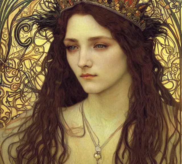 Image similar to detailed realistic beautiful young medieval queen face portrait by jean delville, alphonse mucha, vincent van gogh, and marco mazzoni, art nouveau, symbolist, visionary, gothic, pre - raphaelite