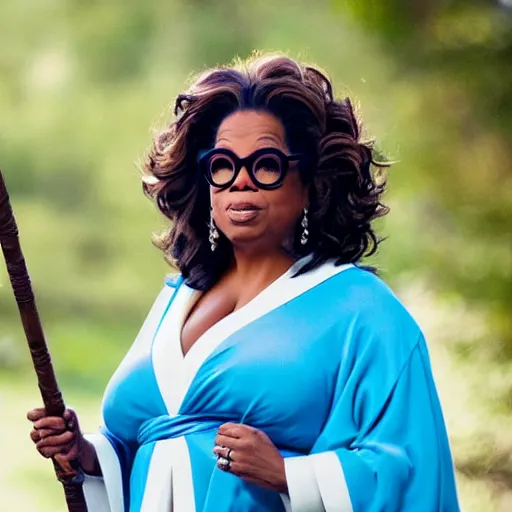 Prompt: Oprah as a wizard wearing blue robes, a blue pointed wizard hat and holding a magic staff, highly detailed, high quality, HD, 4k, 8k, Canon 300mm, professional photographer, 40mp, lifelike, top-rated, award winning, realistic, sharp, no blur, edited, corrected, trending