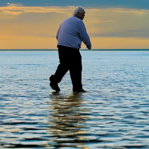 Prompt: a smiling old man walking on water