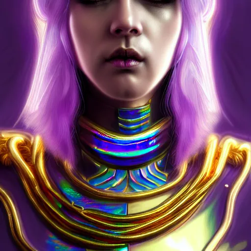 Image similar to hyperdetailed close portrait of a stunningly beautiful cyberpunk girl androgynous wizard guard made of iridescent metals and shiny purple gems, bright rainbow nimbus, transparent necklace, gold background inspired by ross tran and masamune shirow and kuvshinov, concept art, intricate, photorealistic, octane render, rtx, hdr, unreal engine, dnd digital art by artgerm