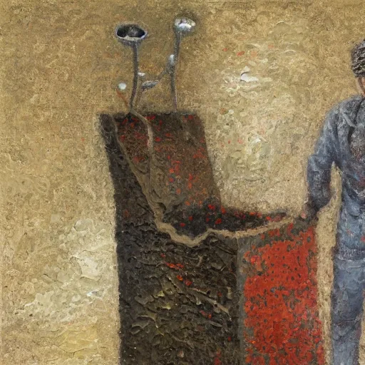 Image similar to a detailed, impasto painting by shaun tan and louise bourgeois of an abstract forgotten sculpture by ivan seal and the caretaker, 1 9 0 0