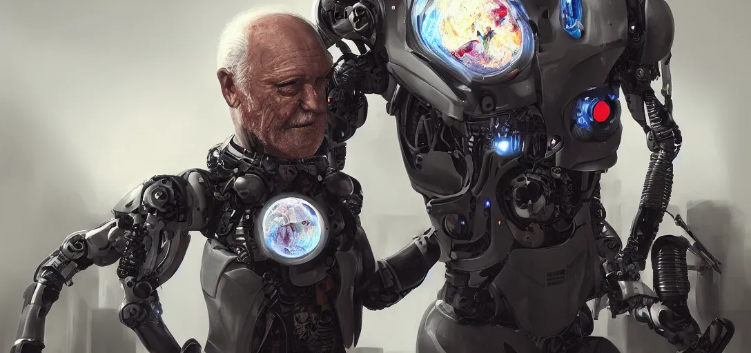 Prompt: hide the pain harold as a cyborg, robot with exoskeleton, futuristic scifi, artstation, 4 k, detailed