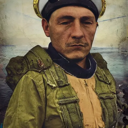 Image similar to Portrait of a Soviet sailor wearing Venetian doge clothes made out of garbage, postapocalyptic, modern photo