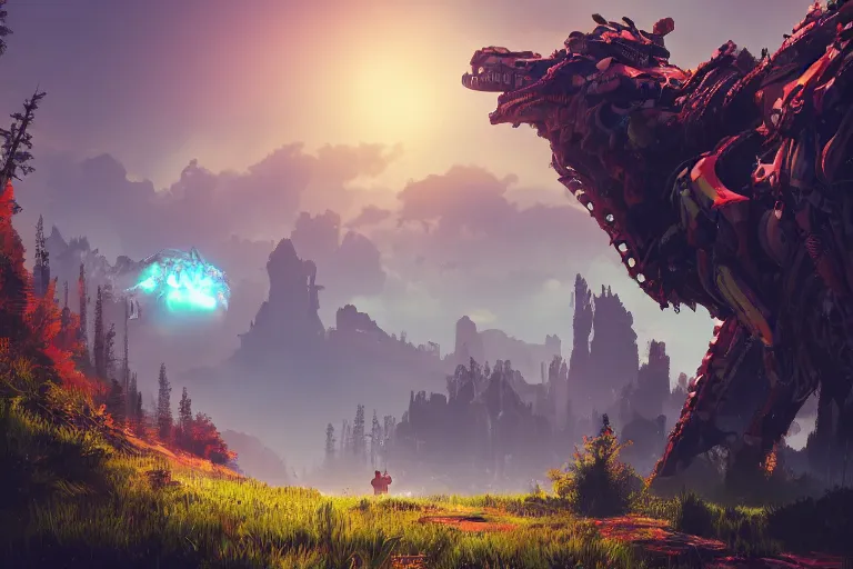 Image similar to watcher machine creature robot of horizon forbidden west horizon zero dawn radiating a glowing aura global illumination ray tracing hdr fanart arstation by ian pesty and alena aenami artworks in 4 k