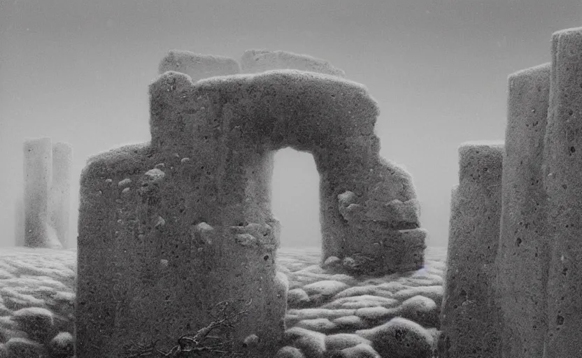 Image similar to phendrana drifts by zdzisław beksinski, icy landscape, snow, metroid, stone pillars, ruins, frozen lake