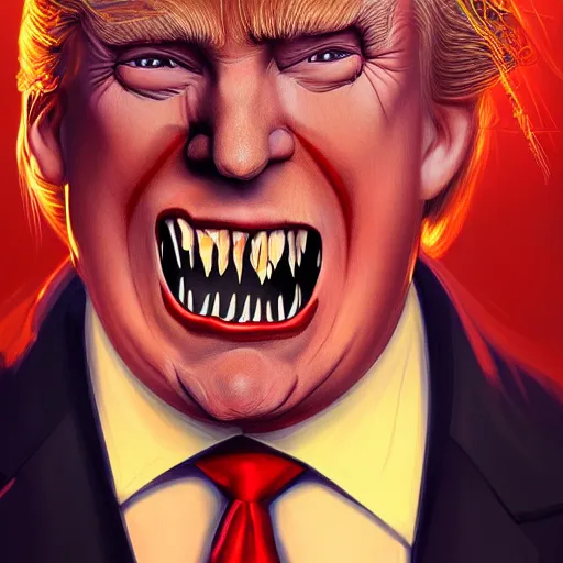 Image similar to portrait of donald trump dracula showing his fangs, intricate, elegant, highly detailed, centered, grungy, digital painting, artstation, concept art, smooth, sharp focus, boris vallejo