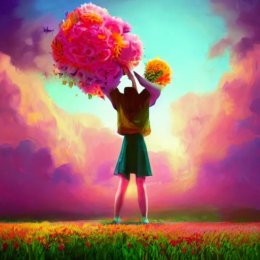 Prompt: girl made of giant flowers, dancing in a vast flower field, arms behind back, surreal photography, sunrise dramatic light, impressionist painting, colorful clouds, large sky, digital painting, artstation, simon stalenhag, flower face