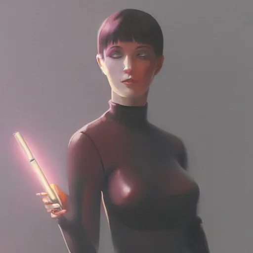 Image similar to blade runner rachael holding a cigarette in her hand, an airbrush painting by ilya kuvshinov, cgsociety, digital art, backlight, indoor light, volumetric lighting, digital painting, smokey background, concept art, trending on artstaion