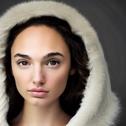 Image similar to a masterpiece portrait photo of a beautiful young woman who looks like an eskimo gal gadot, symmetrical face, random background scene