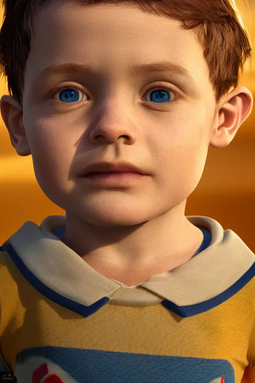 Image similar to hyperrealistic little boy close - up portrait, the portrait is decorated with art deco patterns, hyperrealistic, volumetric lighting, ultra detailed, elegant, octane render, blue and gold, 8 k, trending on artstation, unreal engine